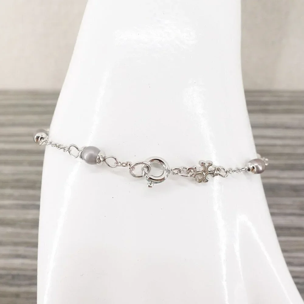 Tory Burch Miller Pave Logo Cultured Pearls Bracelet Silver OS